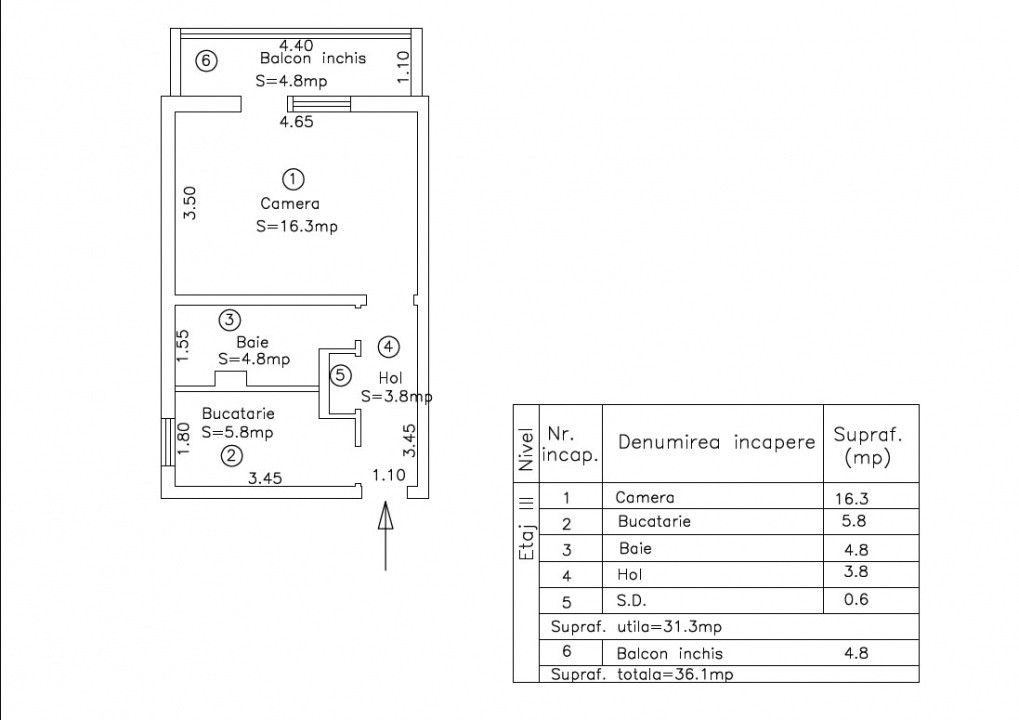 Apartament 1 camera | Etaj 3 | 31.3 mp Utili | 4.8 mp Balcon | Lipovei